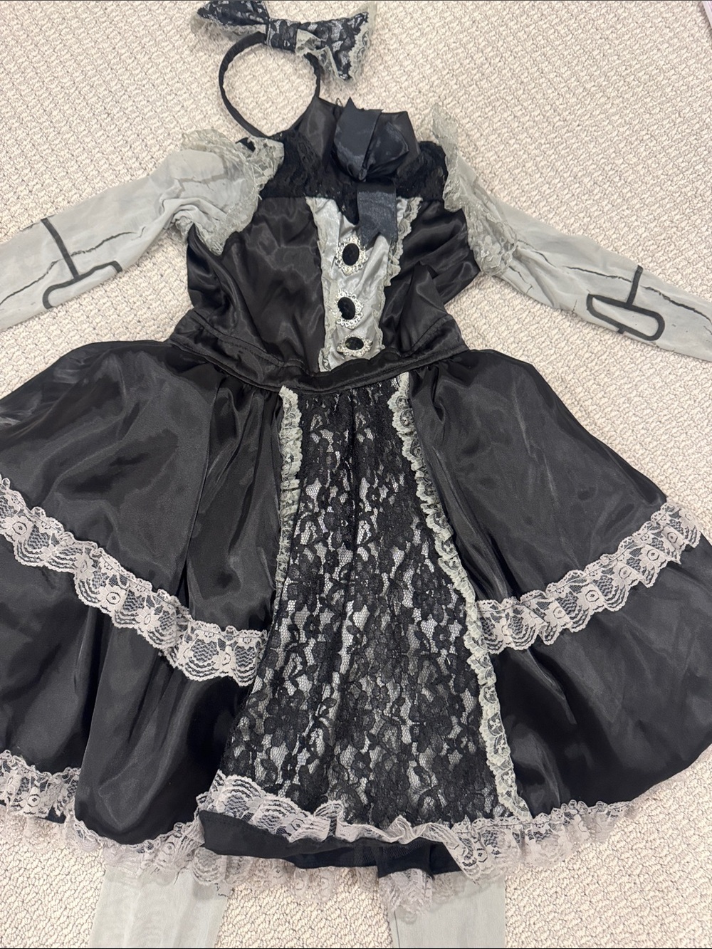 Black Lace Victorian-Inspired Kids Creepy  Doll Costume Dress with Headband